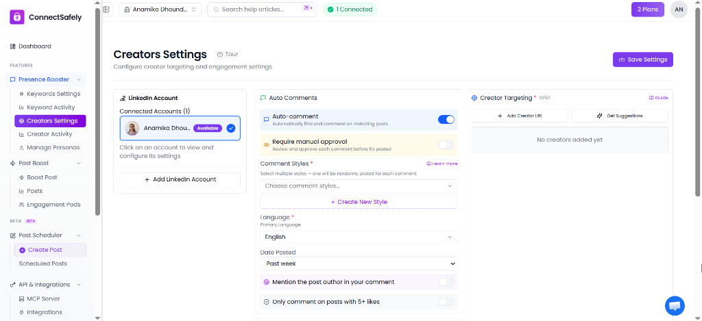 ConnectSafely Creator Settings showing LinkedIn account, Auto Comments, and Creator Targeting configuration.