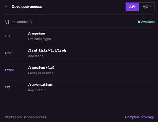 API and MCP access in Outflo