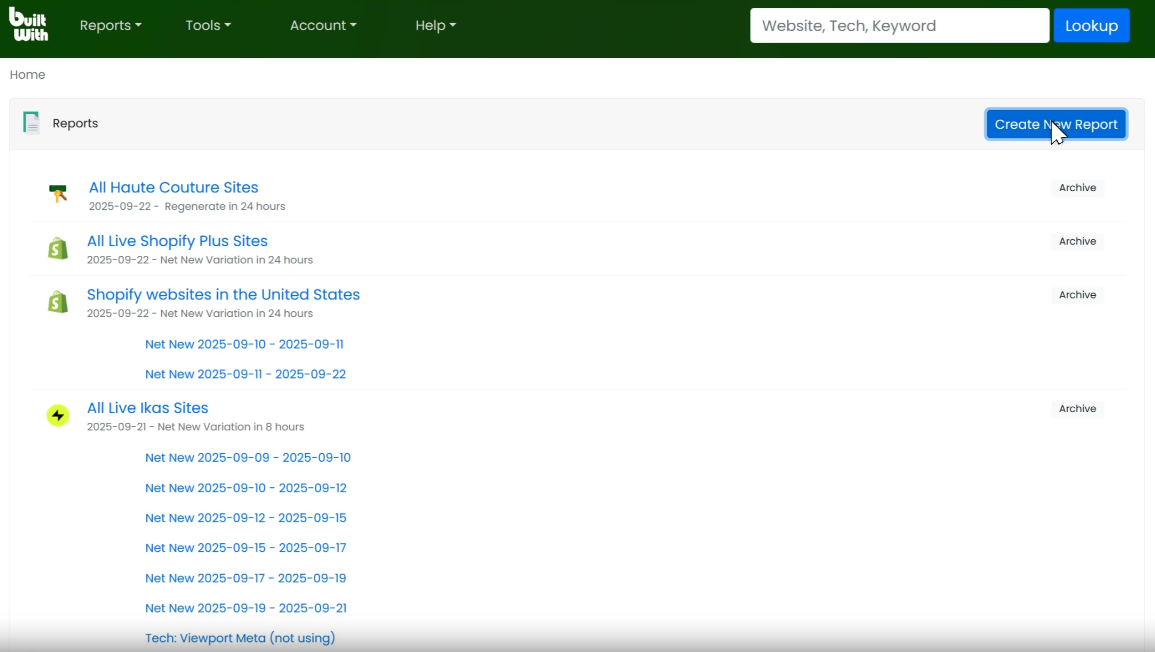 report types in BuiltWith.