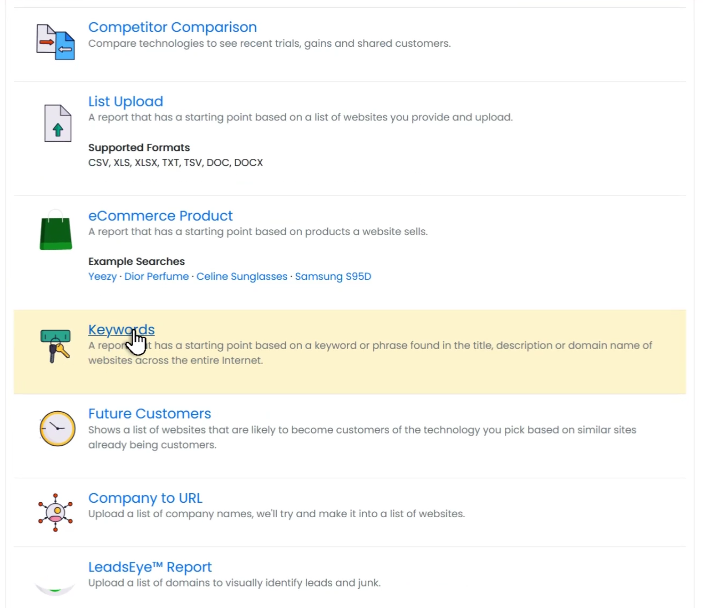 keyword website lists in BuiltWith.