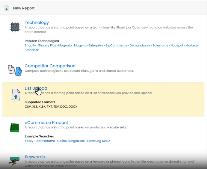 list upload in BuiltWith.
