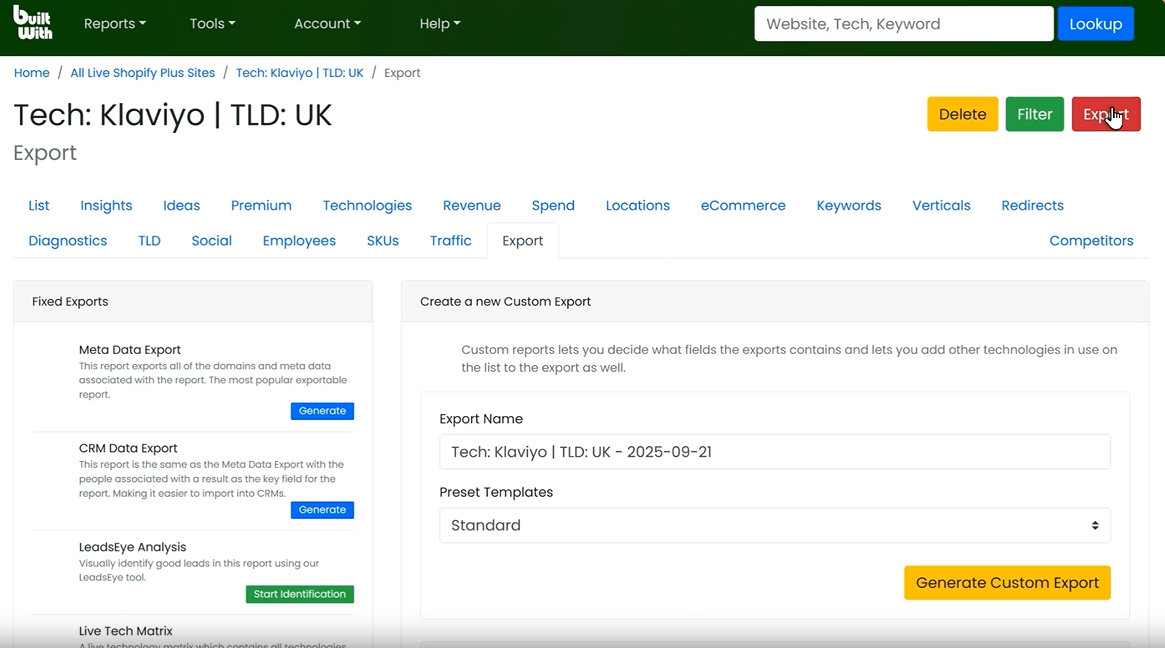 custom export builder in BuiltWith.