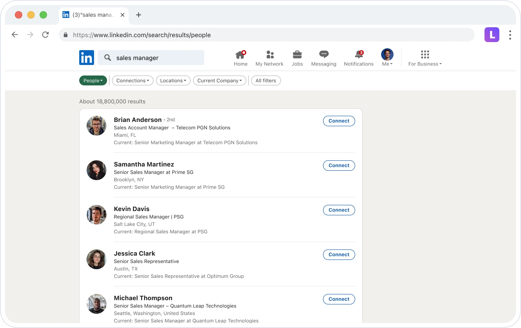 LI Prospect Finder extension on a LinkedIn search page