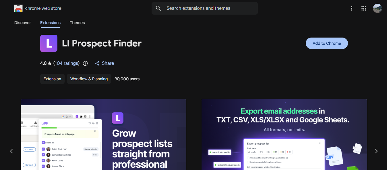 LI Prospect Finder listing on the Chrome Web Store