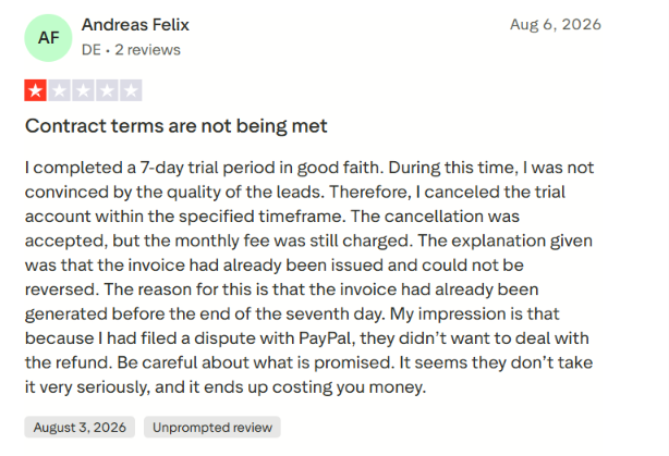 Gojiberry AI TrustPilot review about lead quality