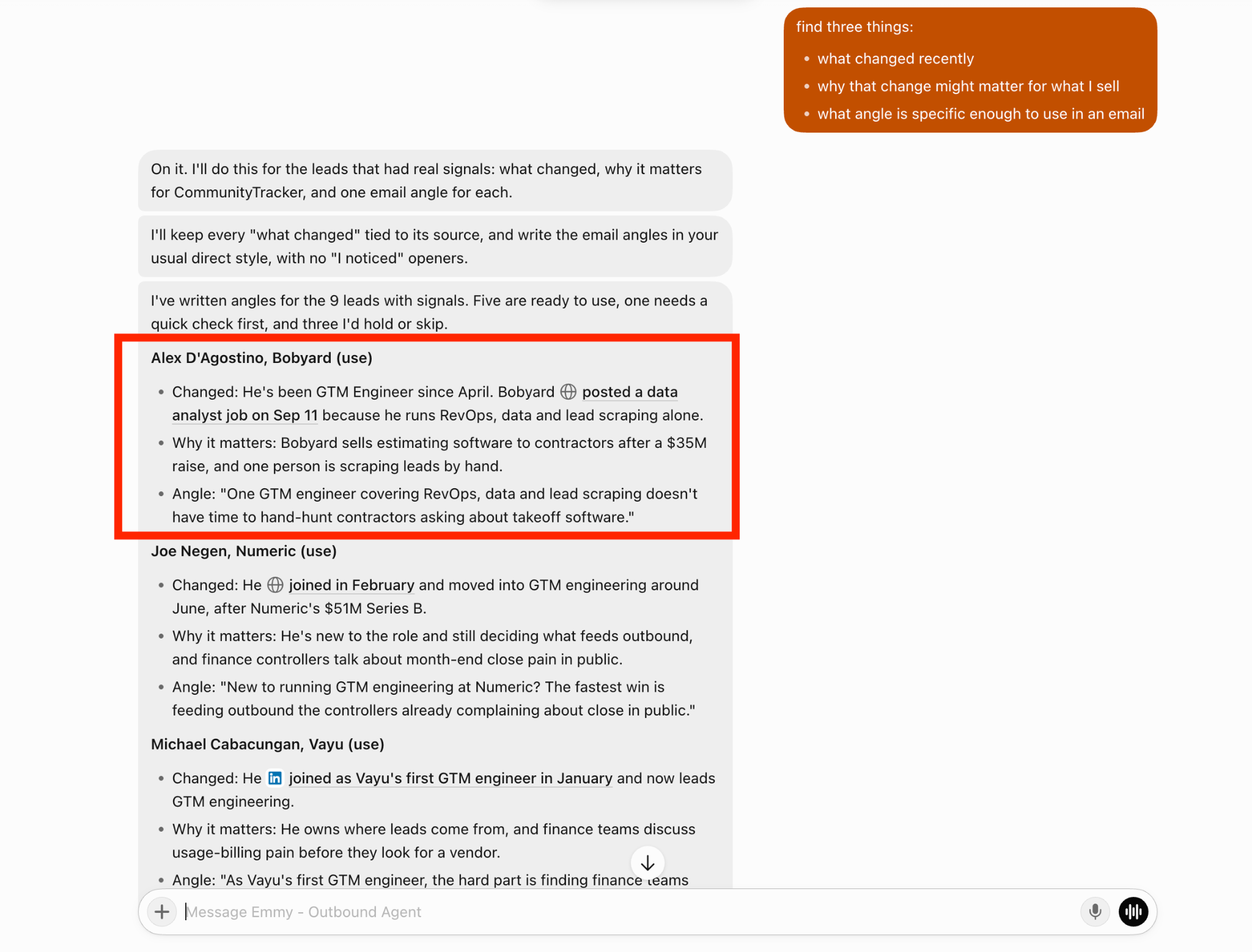 BoB researching Jev-qualified leads and generating personalized email angles