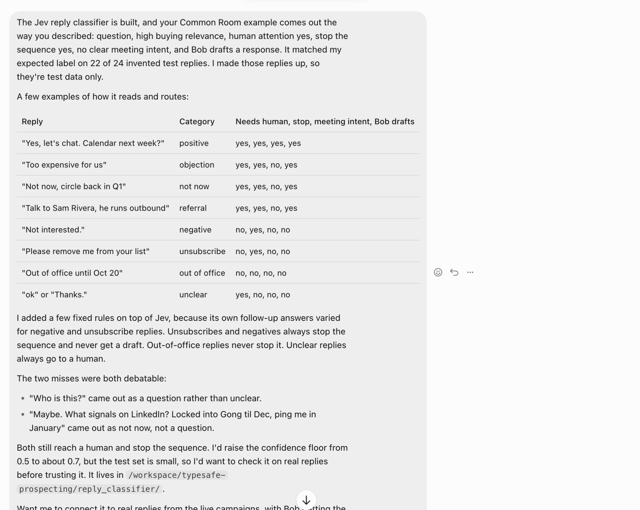 Jev reply classifier tested on sample sales replies