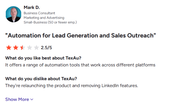 TexAu G2 review about relaunching and removing LinkedIn features