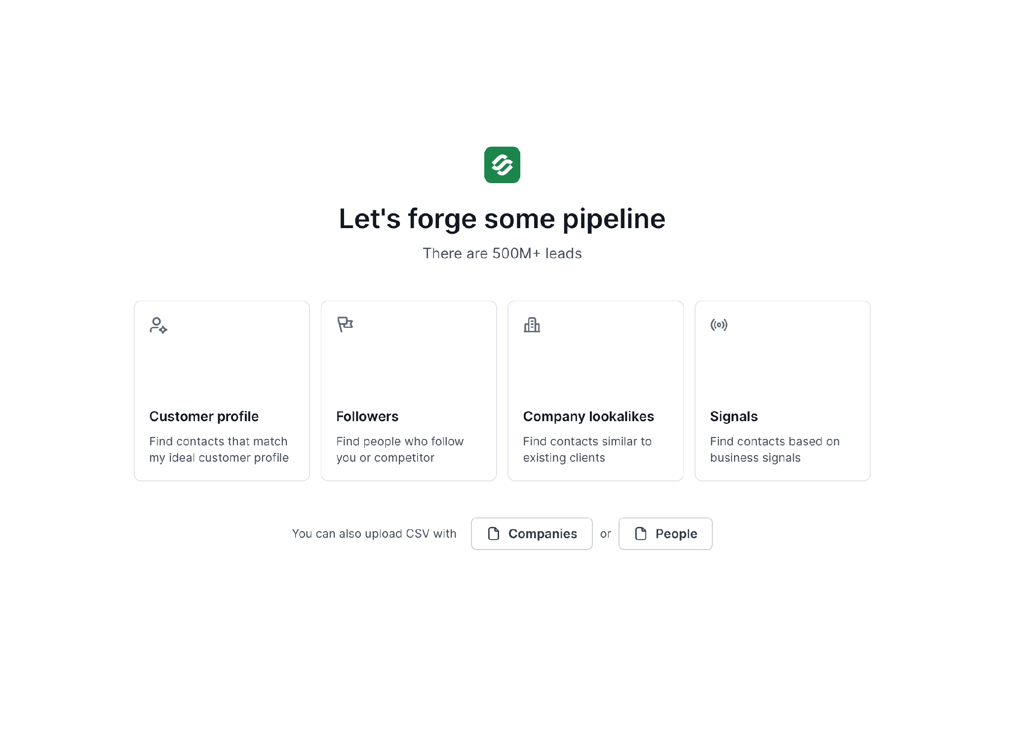 Leadsforge sourcing screen showing Customer profile, Followers, Company lookalikes, and Signals options