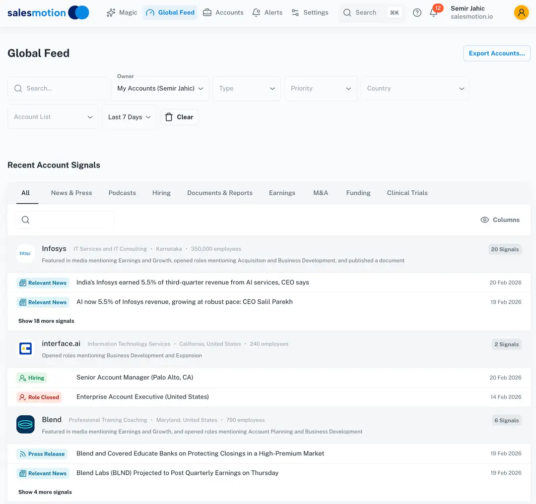 Salesmotion Signal Agent account signals example