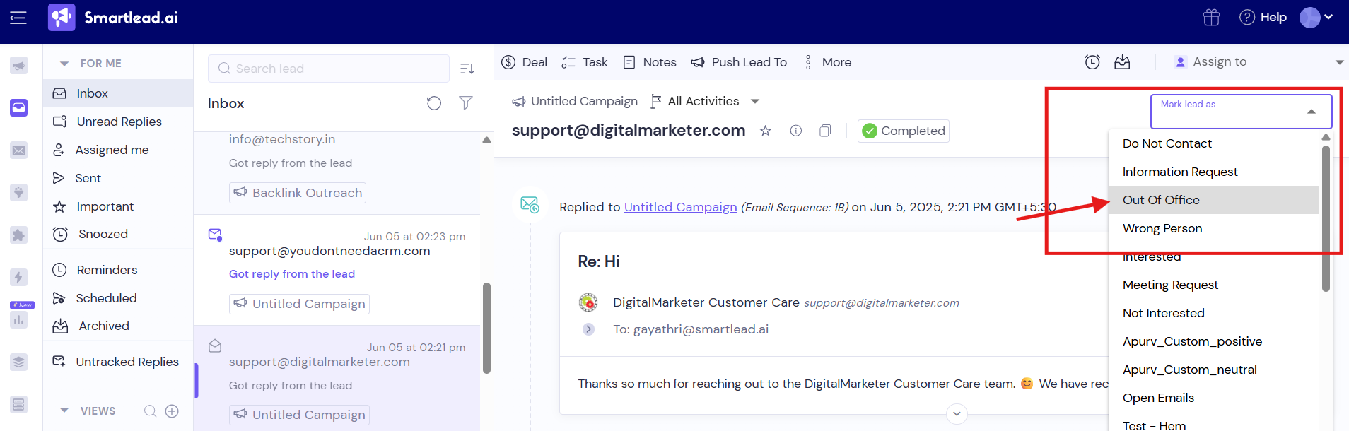 Lead categories help separate replies