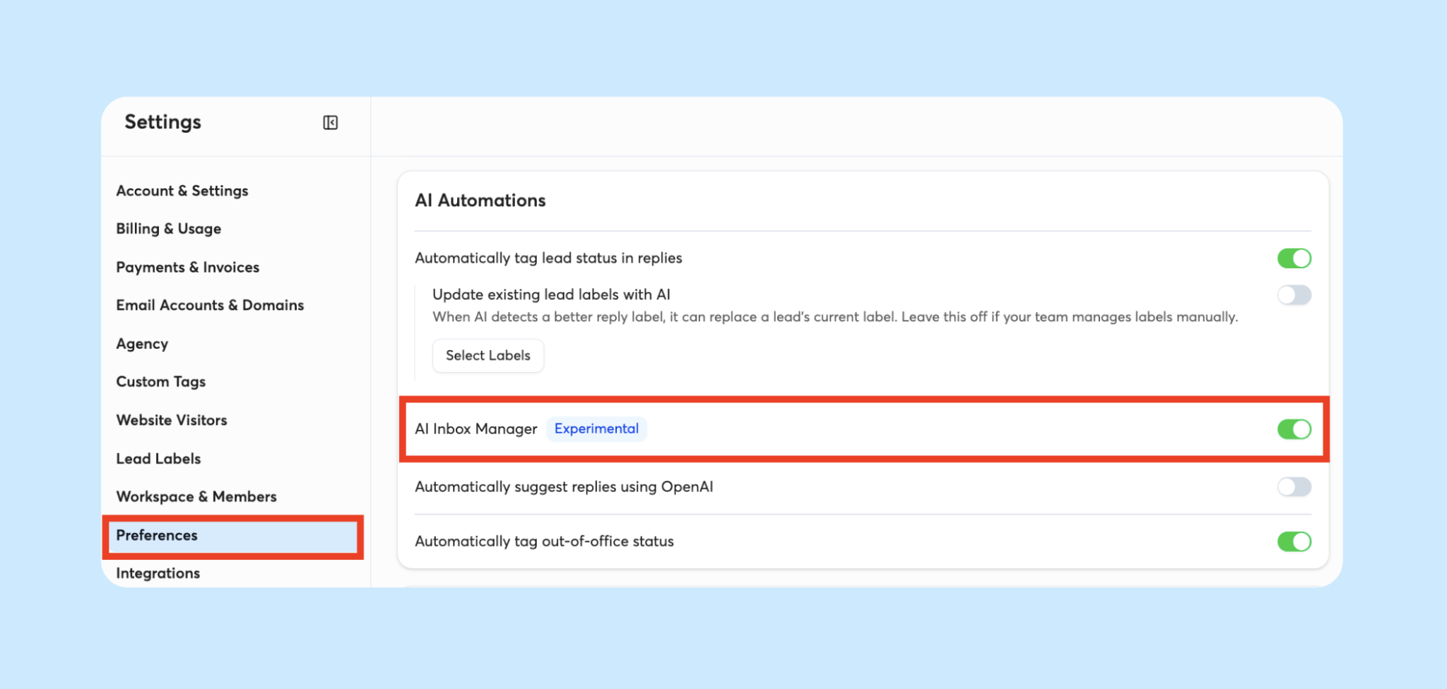 Turn on AI Inbox Manager on Instantly