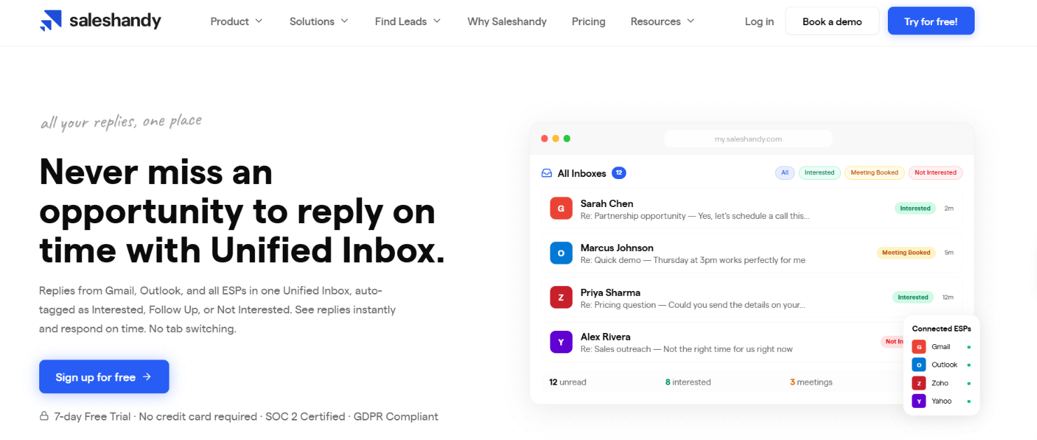 Saleshandy unified inbox homepage