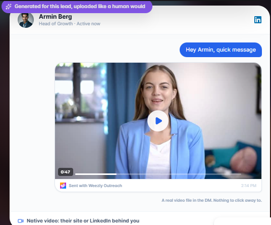 AI video sent inside a LinkedIn conversation from Weezly