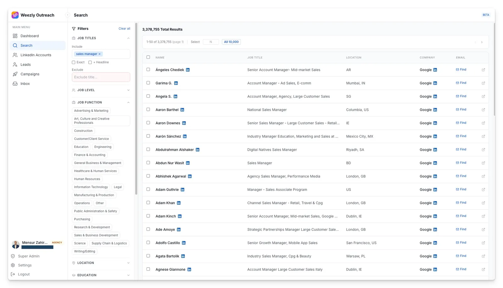 lead search in Weezly Outreach