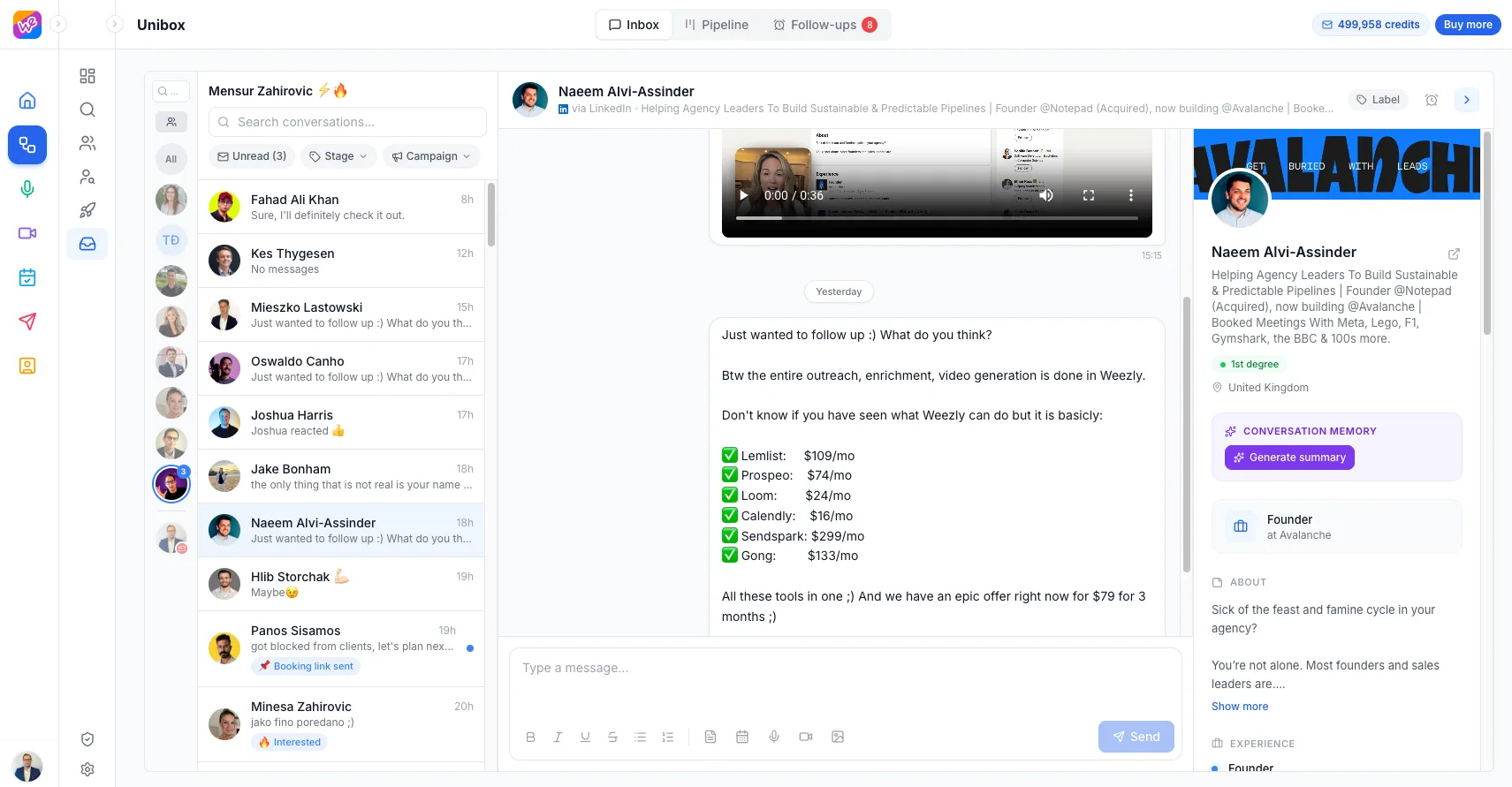 This image shows the Unibox in Weezly Outreach