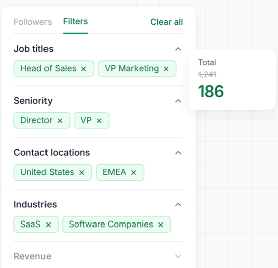 follower filters narrowing a list to an ICP in Leadsforge