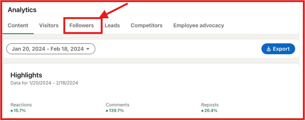 Followers tab and Export button in LinkedIn company page analytics