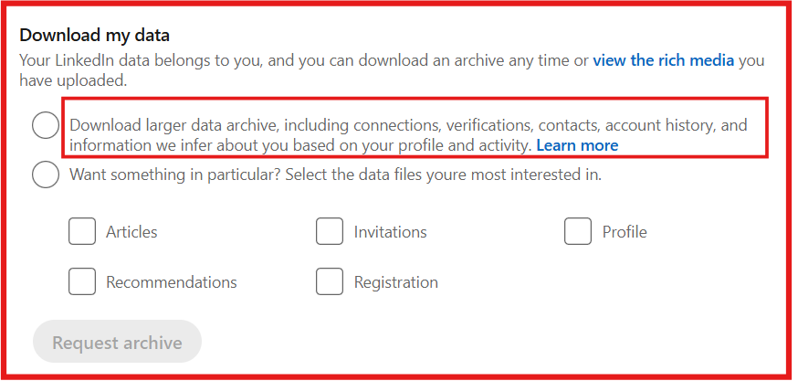 data archive options on LinkedIn’s Download my data screen