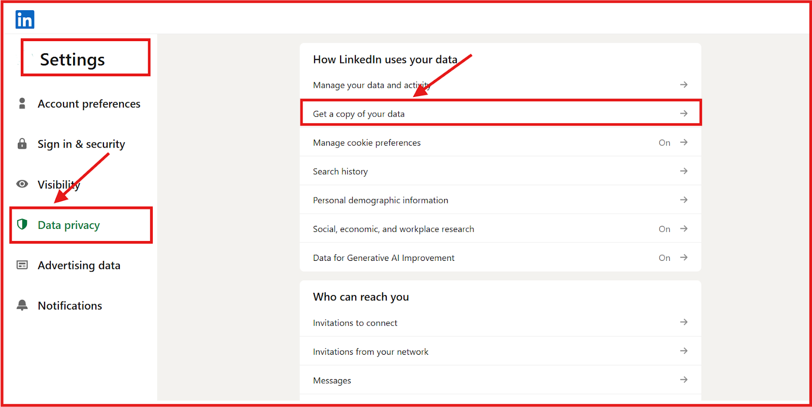 where to find Get a copy of your data in LinkedIn settings