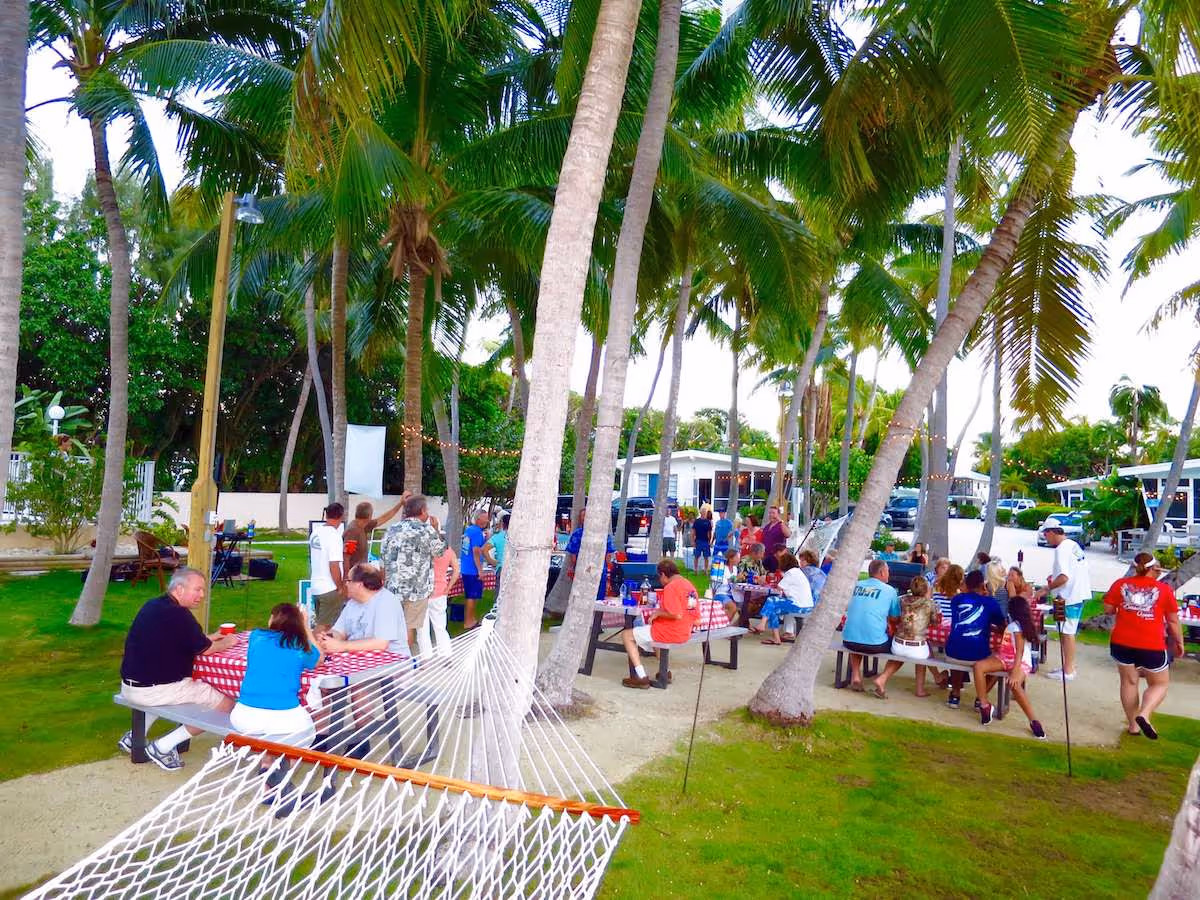 Family gathering on the lawn at Kon Tiki Resort in Islamorada.