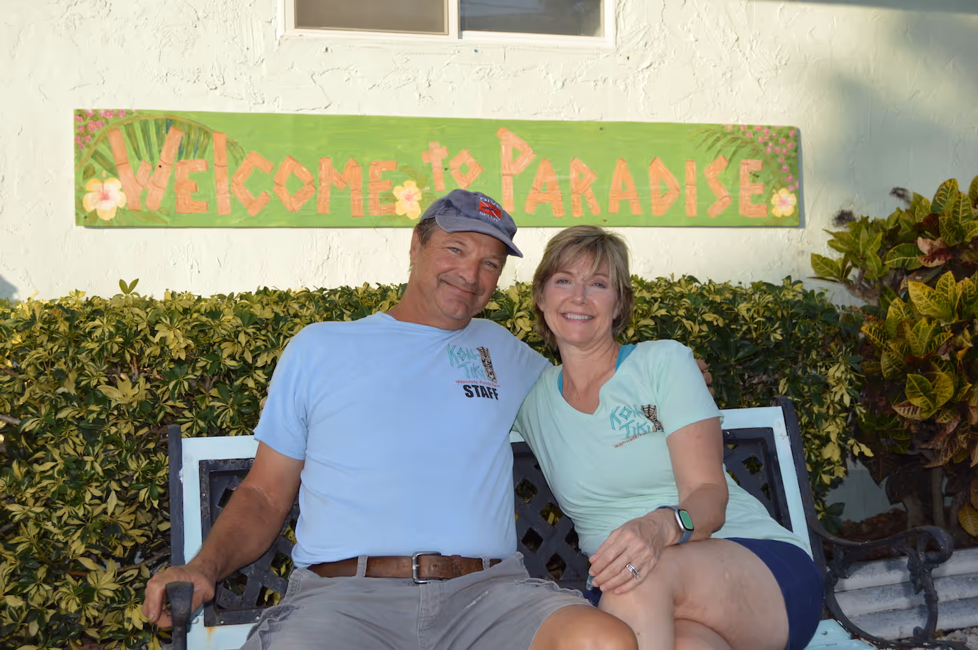 Kon Tiki employees pose on a bench at Kon Tiki Resort in Islamorada.