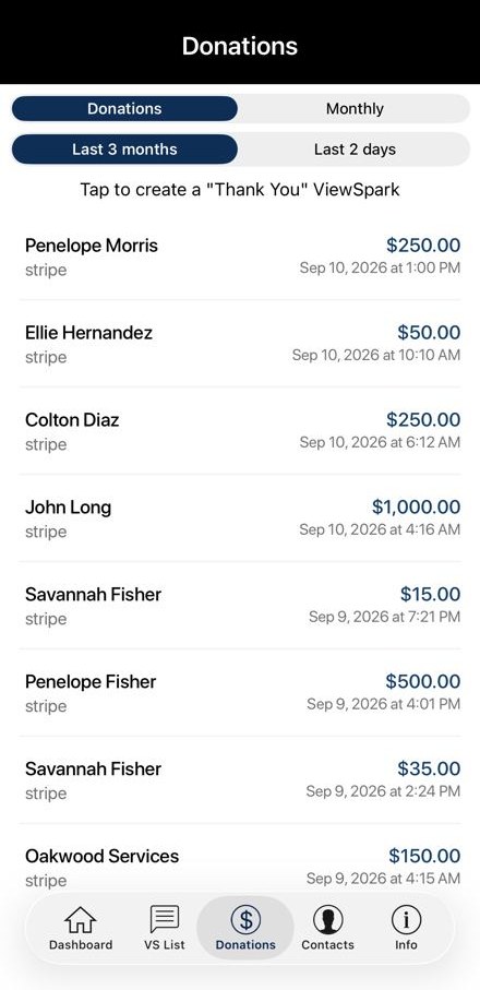 Donations list with tap-to-thank