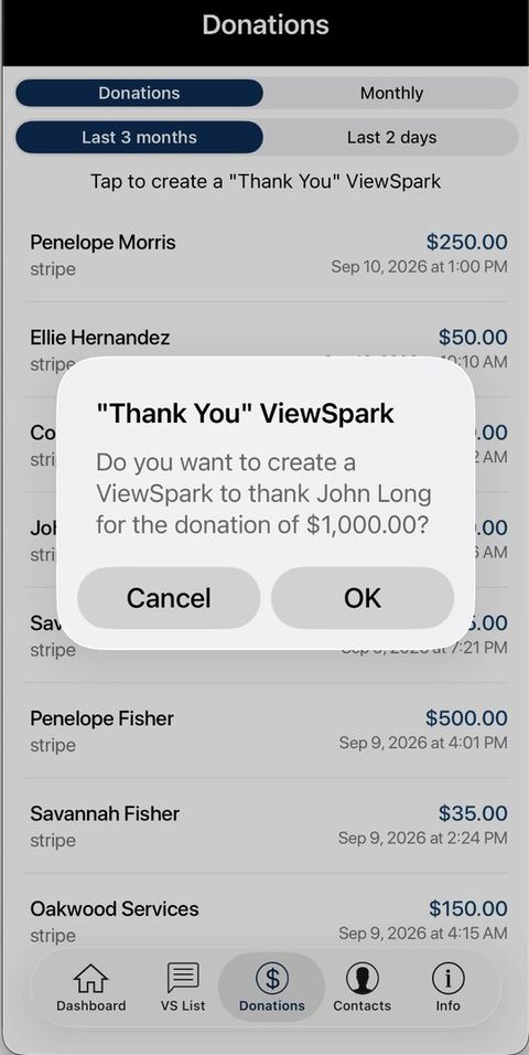 ViewSpark app asking: Do you want to create a ViewSpark to thank John Long for the donation of $1,000?