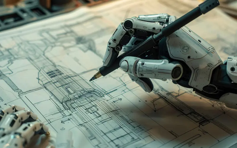 Main robotique traçant un plan d'architecte