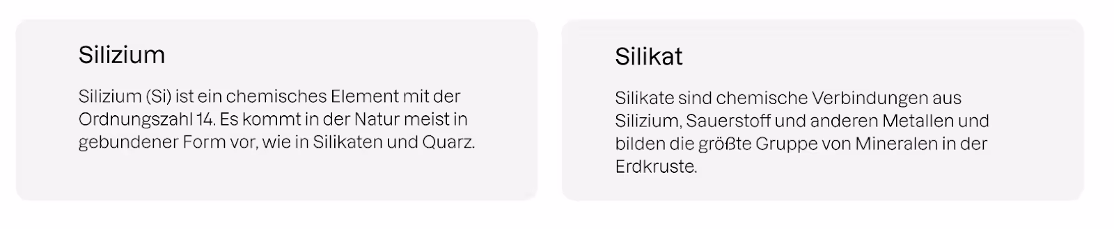 Schaubild: Zwei Kästen mit der Erklärung von Silizium und Silikat