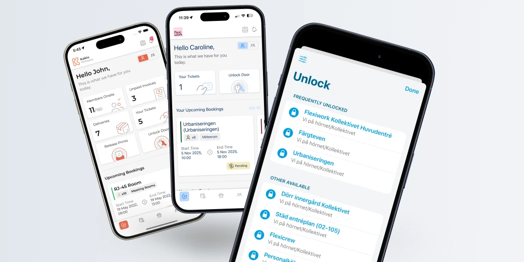 Tre mobilskärmar som visar hur Parakey-upplåsning är integrerad i appen Nexudus Passport, inklusive Flexiwork-appen.