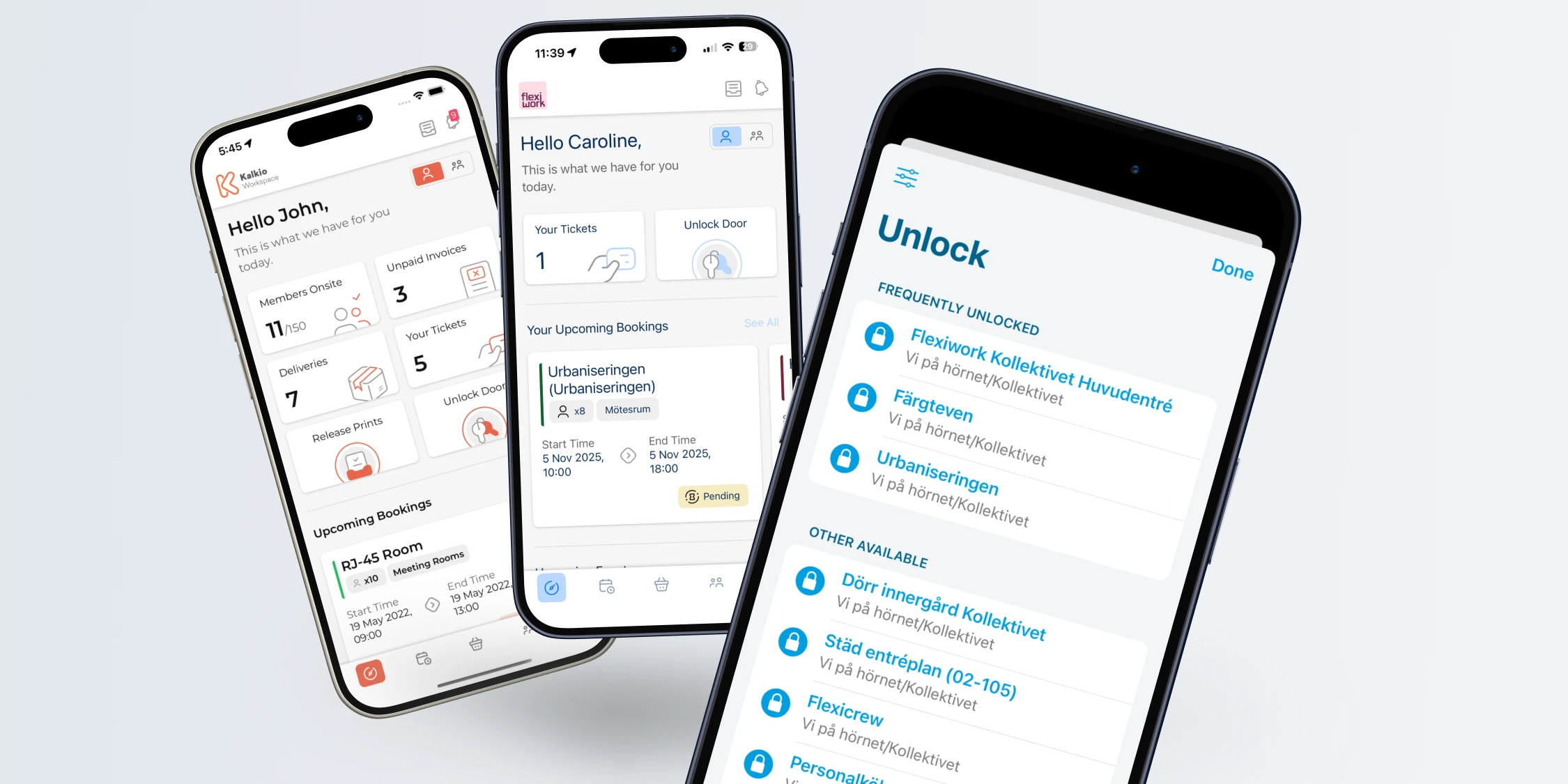 Tre mobilskärmar som visar hur Parakey-upplåsning är integrerad i appen Nexudus Passport, inklusive Flexiwork-appen.