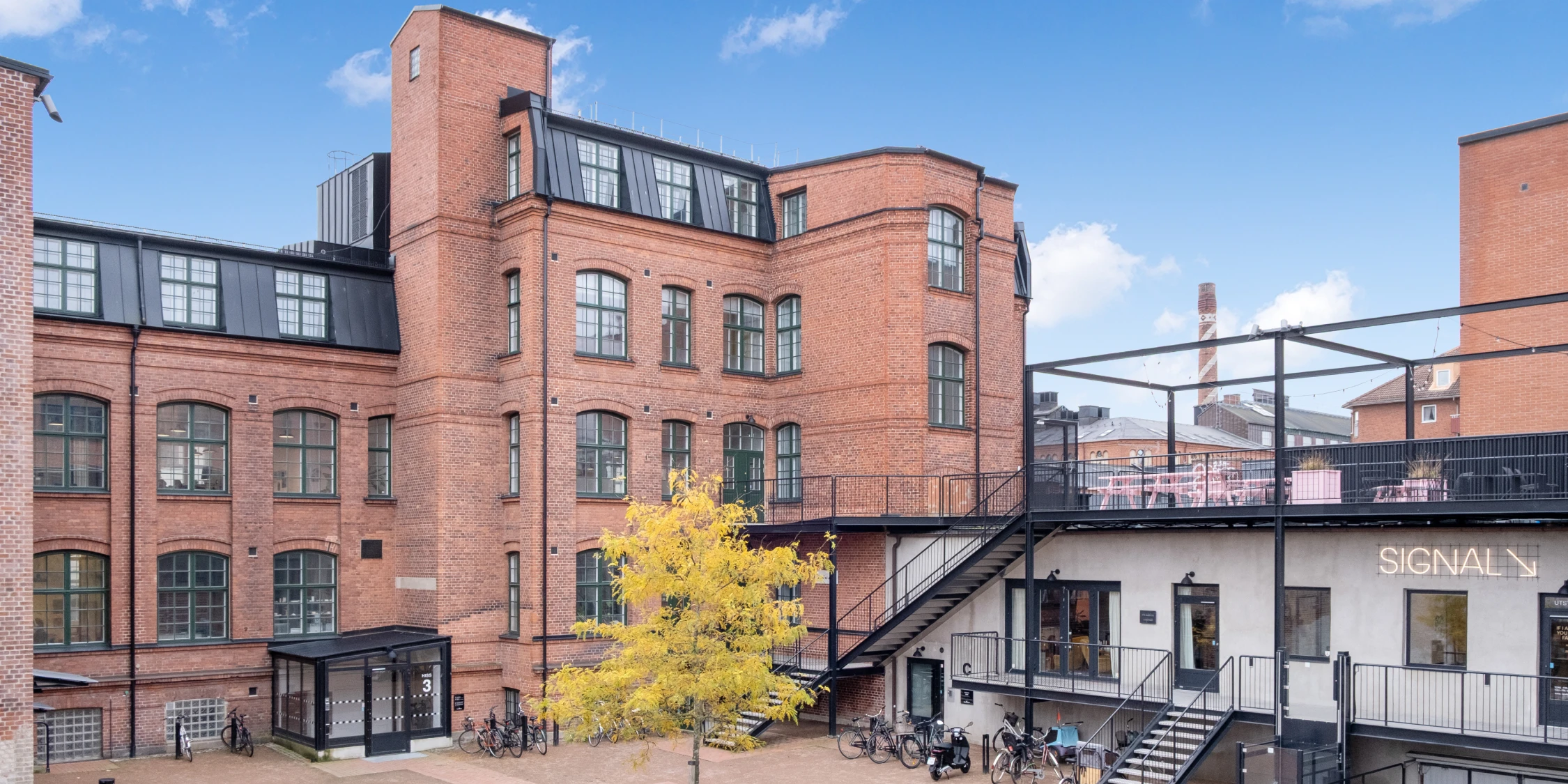 På bilden syns Trikåfabriken i Malmö - en stor, röd tegelbyggnad. Det är en solig dag med blå himmel. 