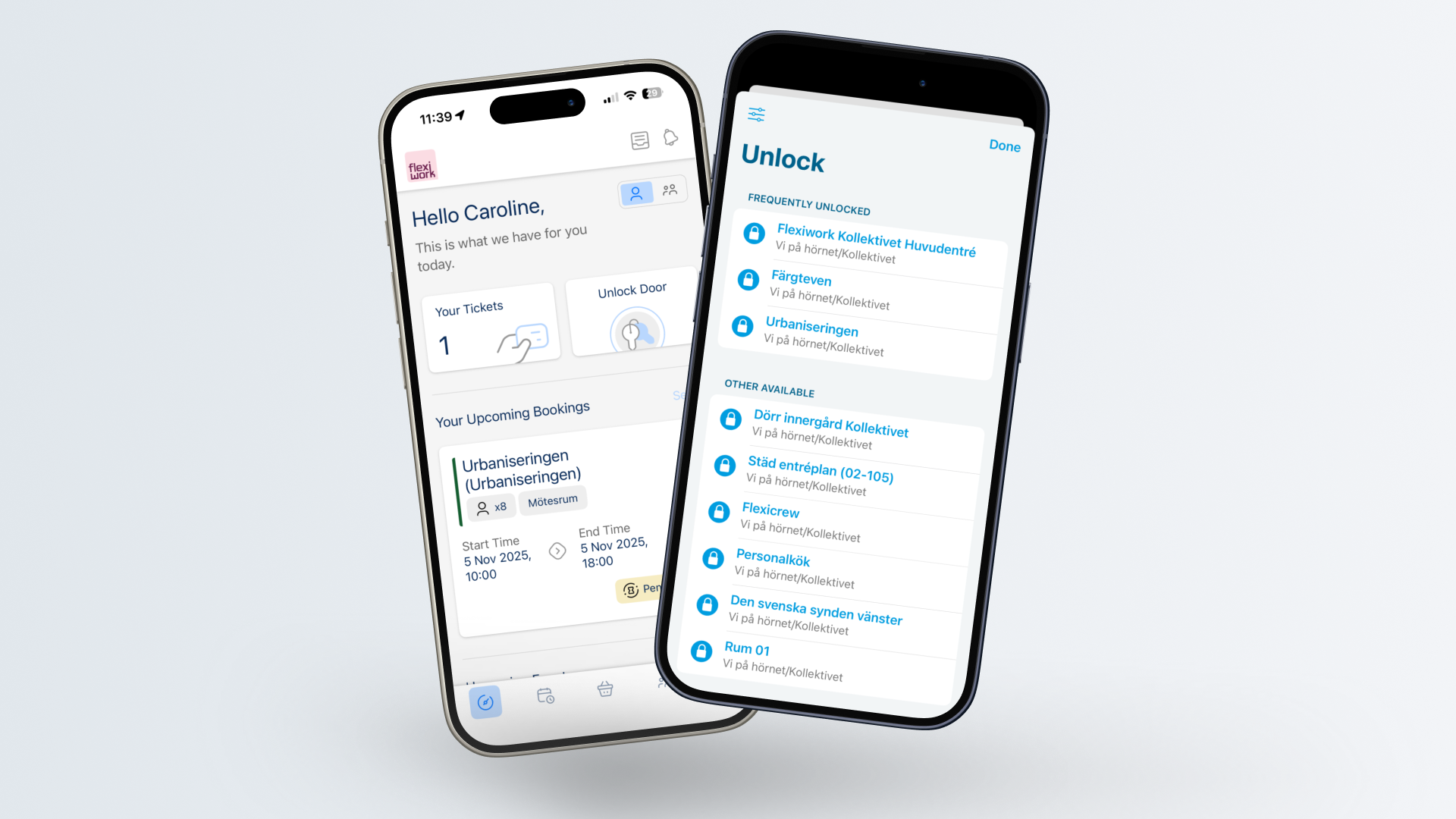 The Flexiwork app and Parakey's Unlock view integrated into another app via SDK