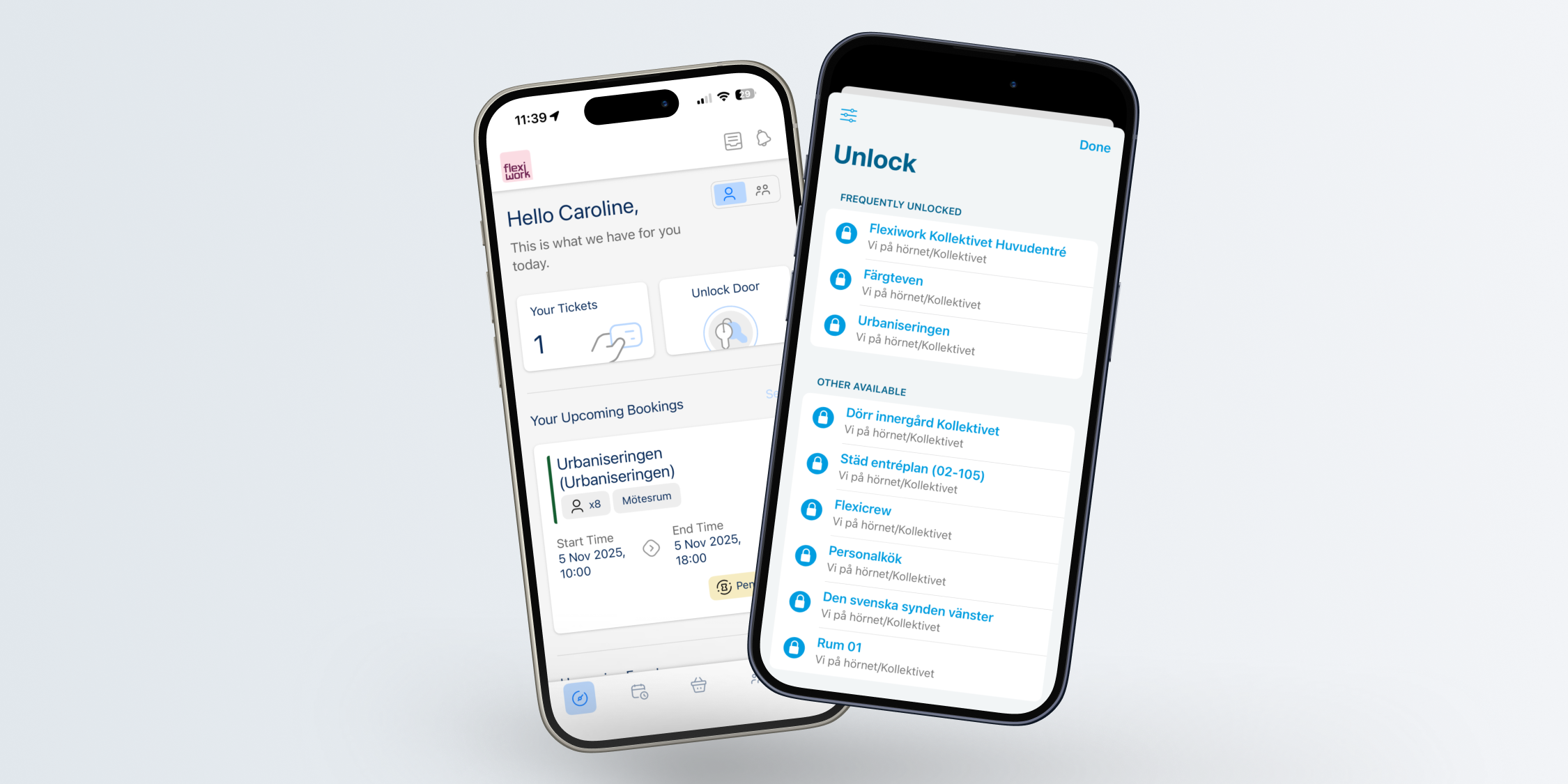 Tre mobilskärmar som visar hur Parakey-upplåsning är integrerad i appen Nexudus Passport, inklusive Flexiwork-appen.