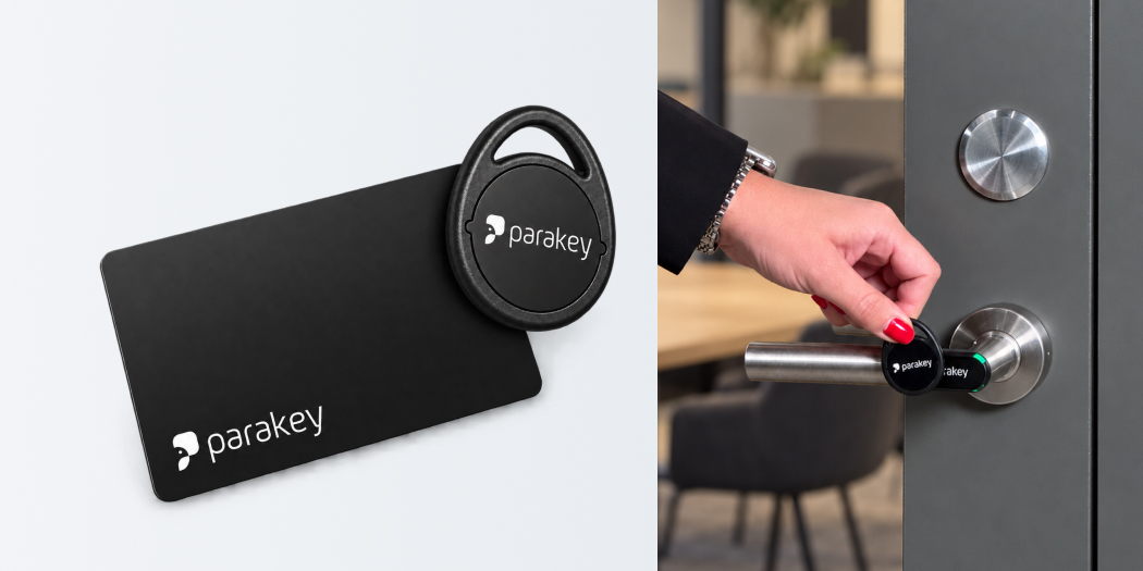 Parakey' fob , and access cards, as well as a person unlocking a Parakey Door Handle with a fob.