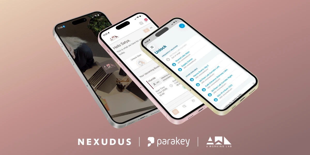 Three phones showing printscreens from A Working Lab app, Nexudus and Parakey