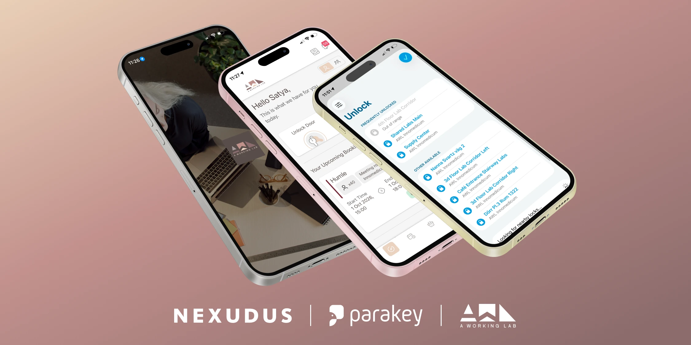 Three phones showing printscreens from A Working Lab app, Nexudus and Parakey