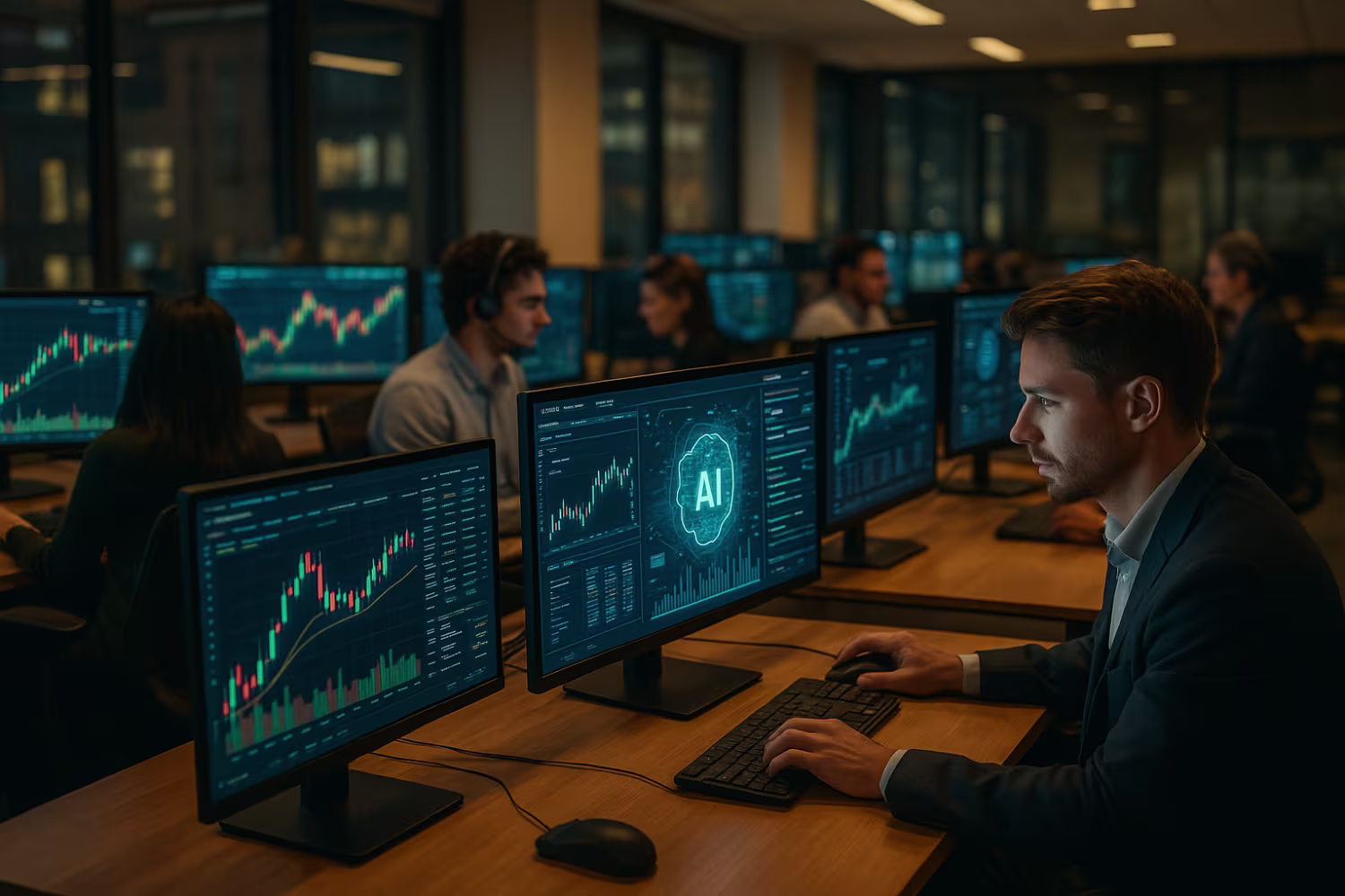Bustling finance IT office scene