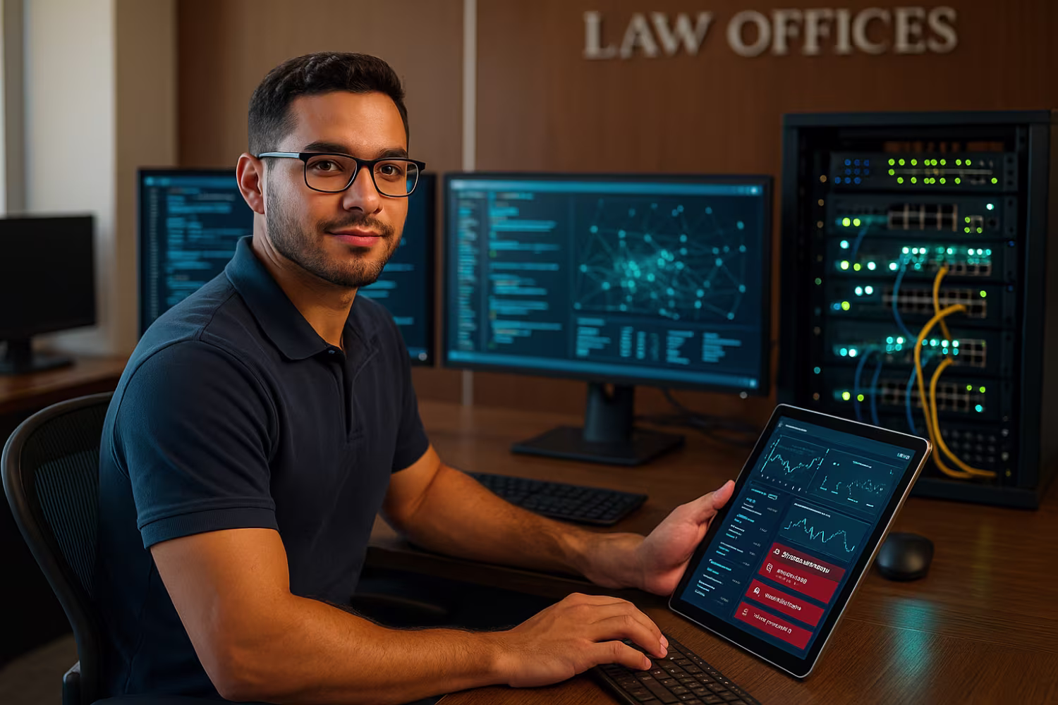 Confident IT technician monitoring legal firm's network