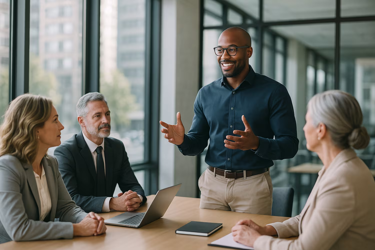 IT specialist discussing strategies with insurance professionals