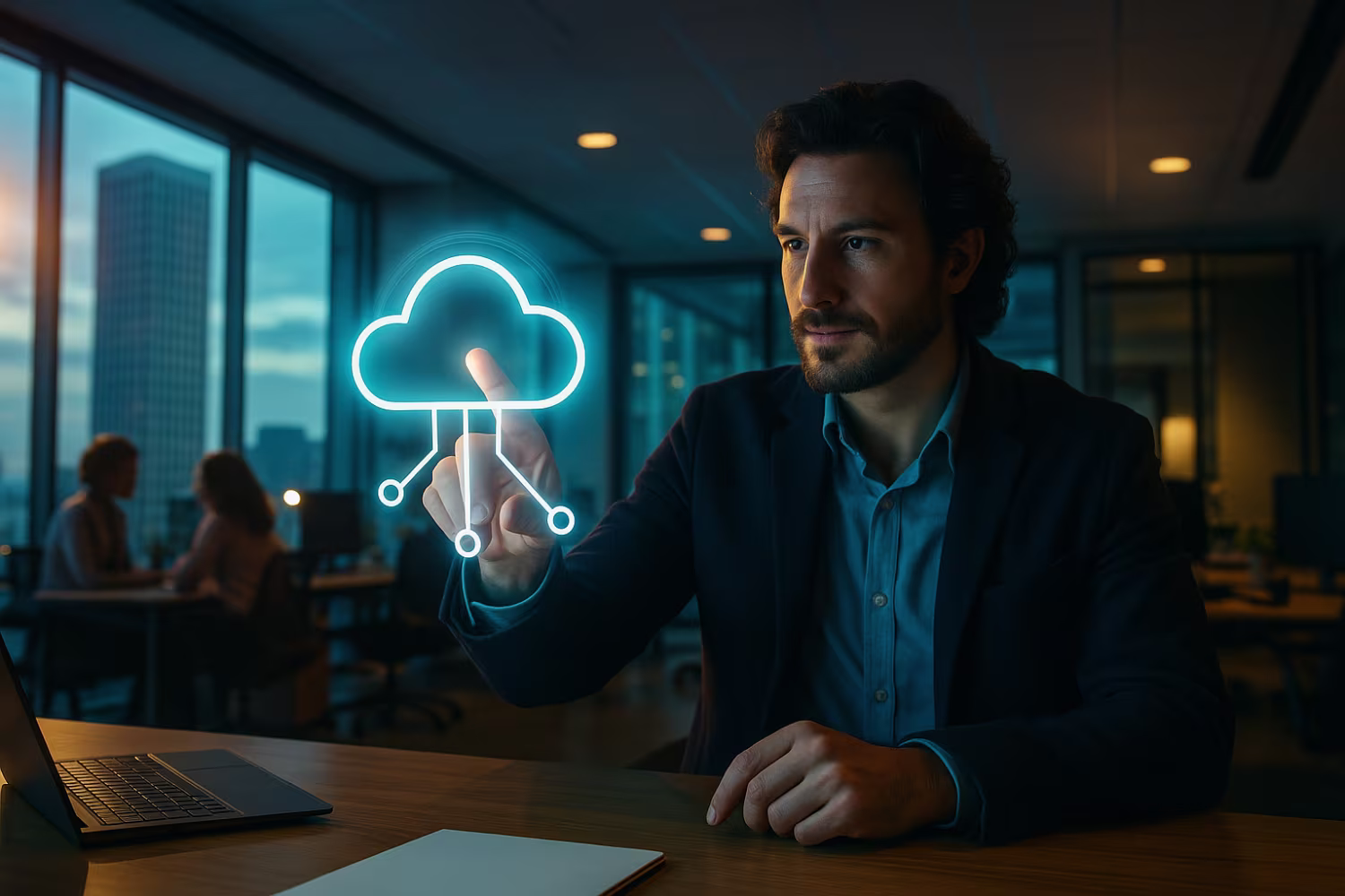 Cloud management expert in futuristic office