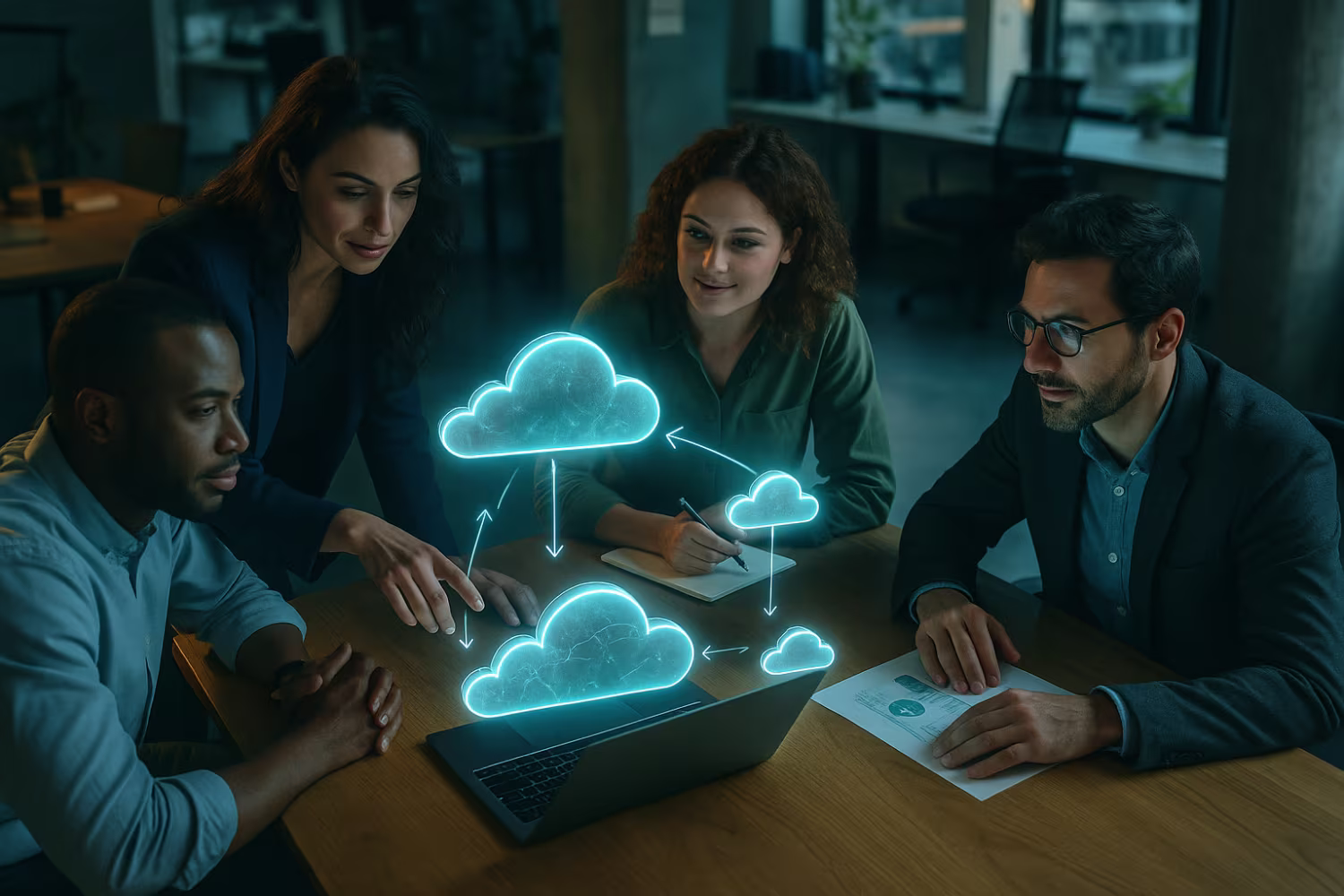 Employees discussing cloud IT solutions