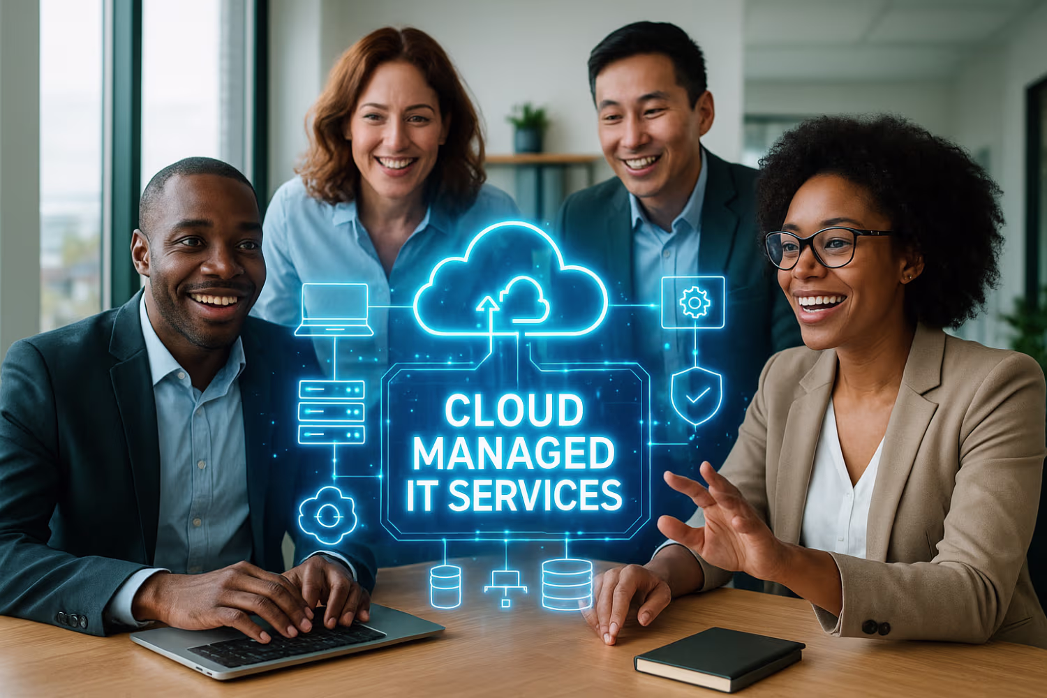 Diverse team exploring holographic cloud IT solutions