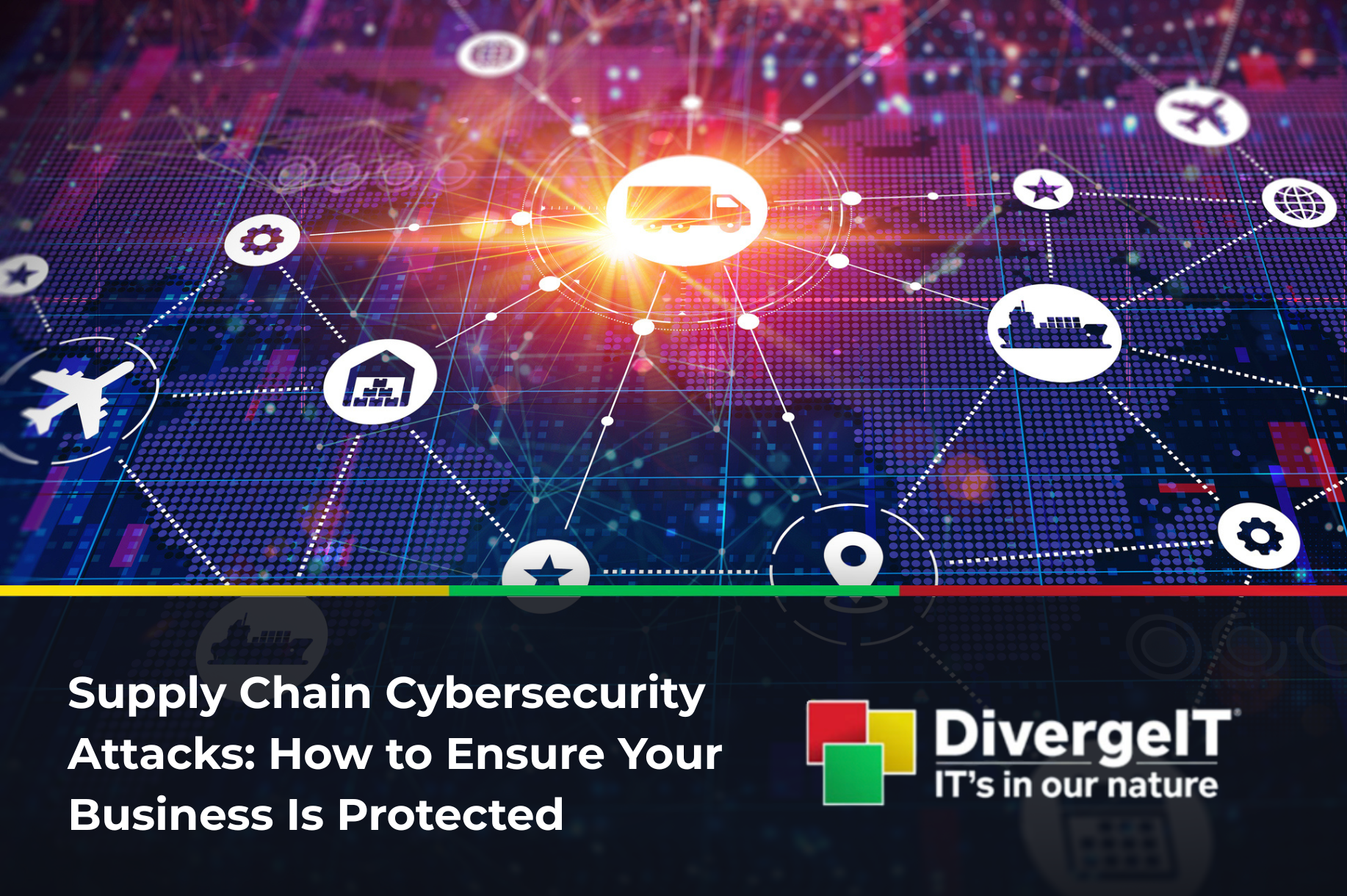 Supply chain management cybersecurity illustration showing interconnected network of vendors and security protection