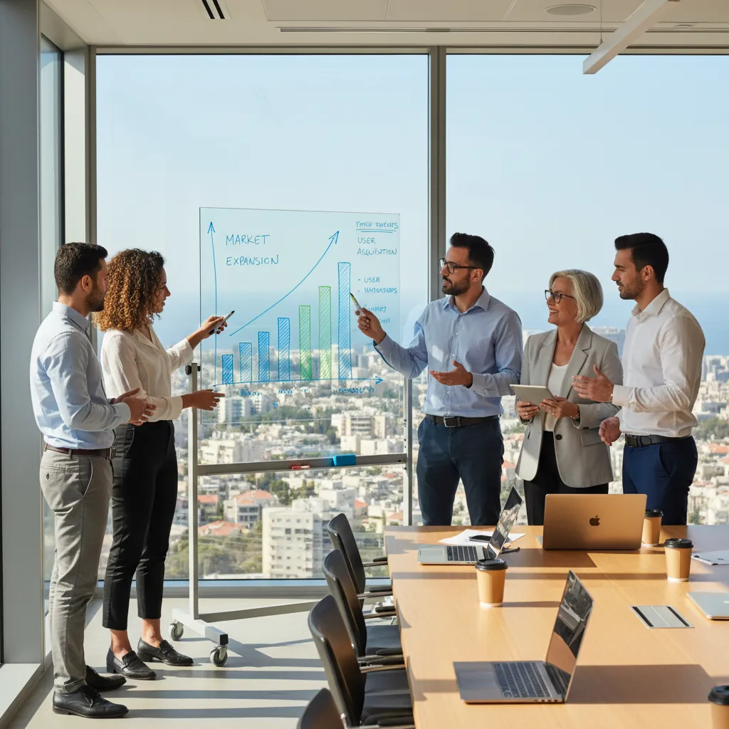 A strategic software IT company expert collaborating with a startup team on their scaling and growth strategy in a modern office.