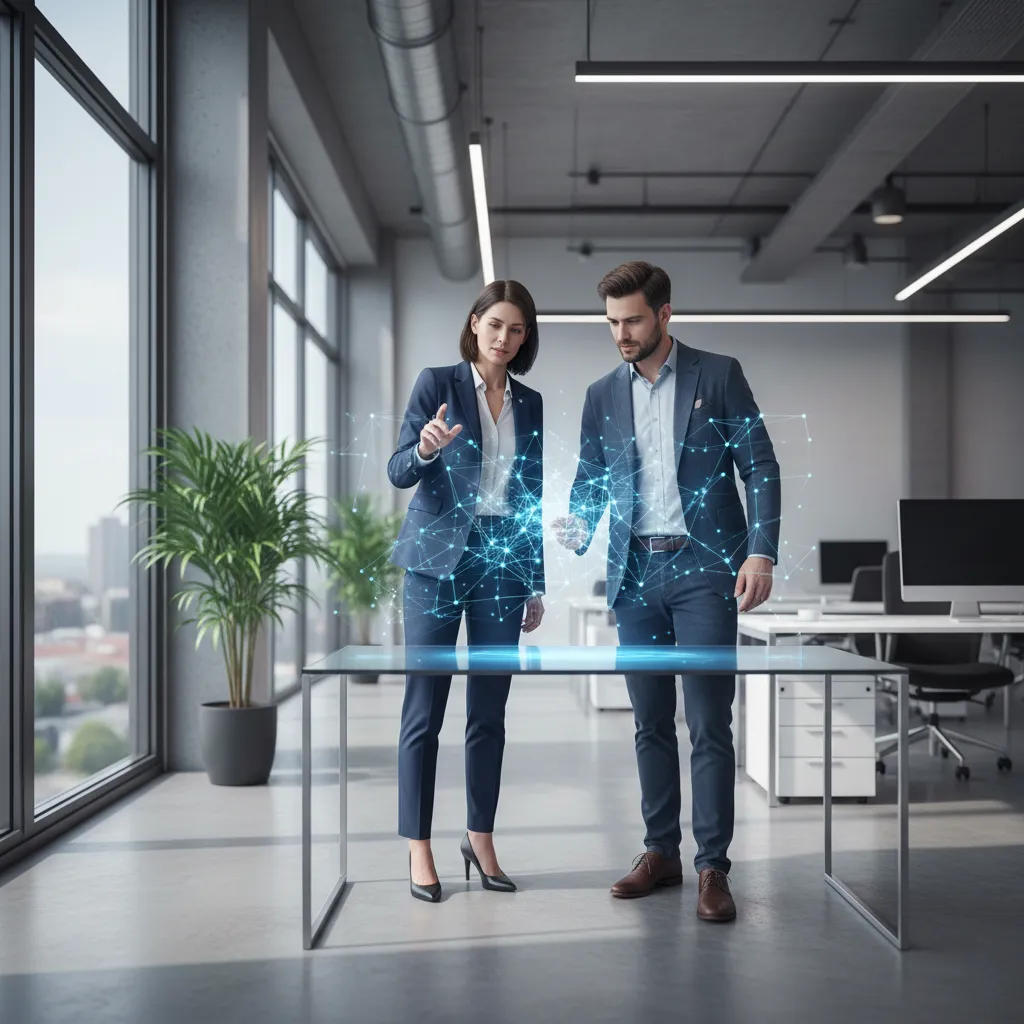 An expert provides AI consultation to a startup founder, viewing a holographic model of a neural network in a modern office.