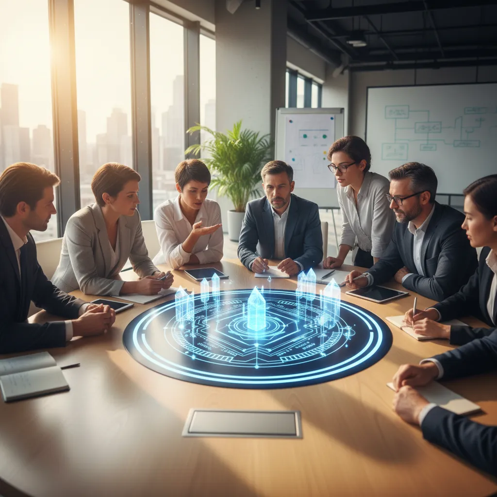 A team of business leaders choosing the right type of AI by examining a holographic blueprint of a strategic framework.