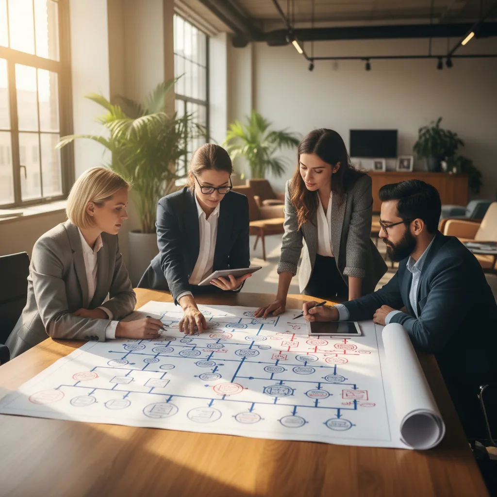 A collaborative team of founders develops a startup AI project plan using a detailed architectural blueprint.
