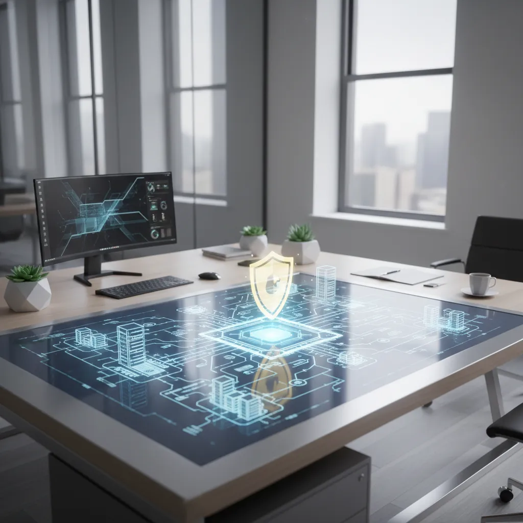 An architectural blueprint with a security shield, illustrating how secure coding practices build a strong foundation for applications.